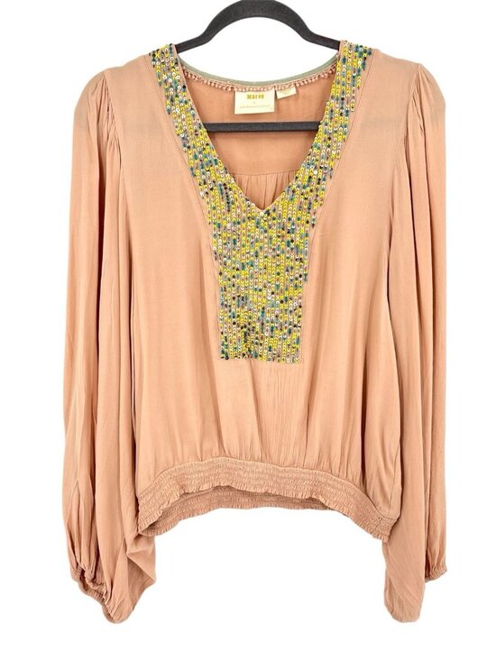 Maeve Tops - MAEVE ANTHROPOLOGIE Women's Peach Sequin V-Neck Balloon Sleeve Blouse Medium